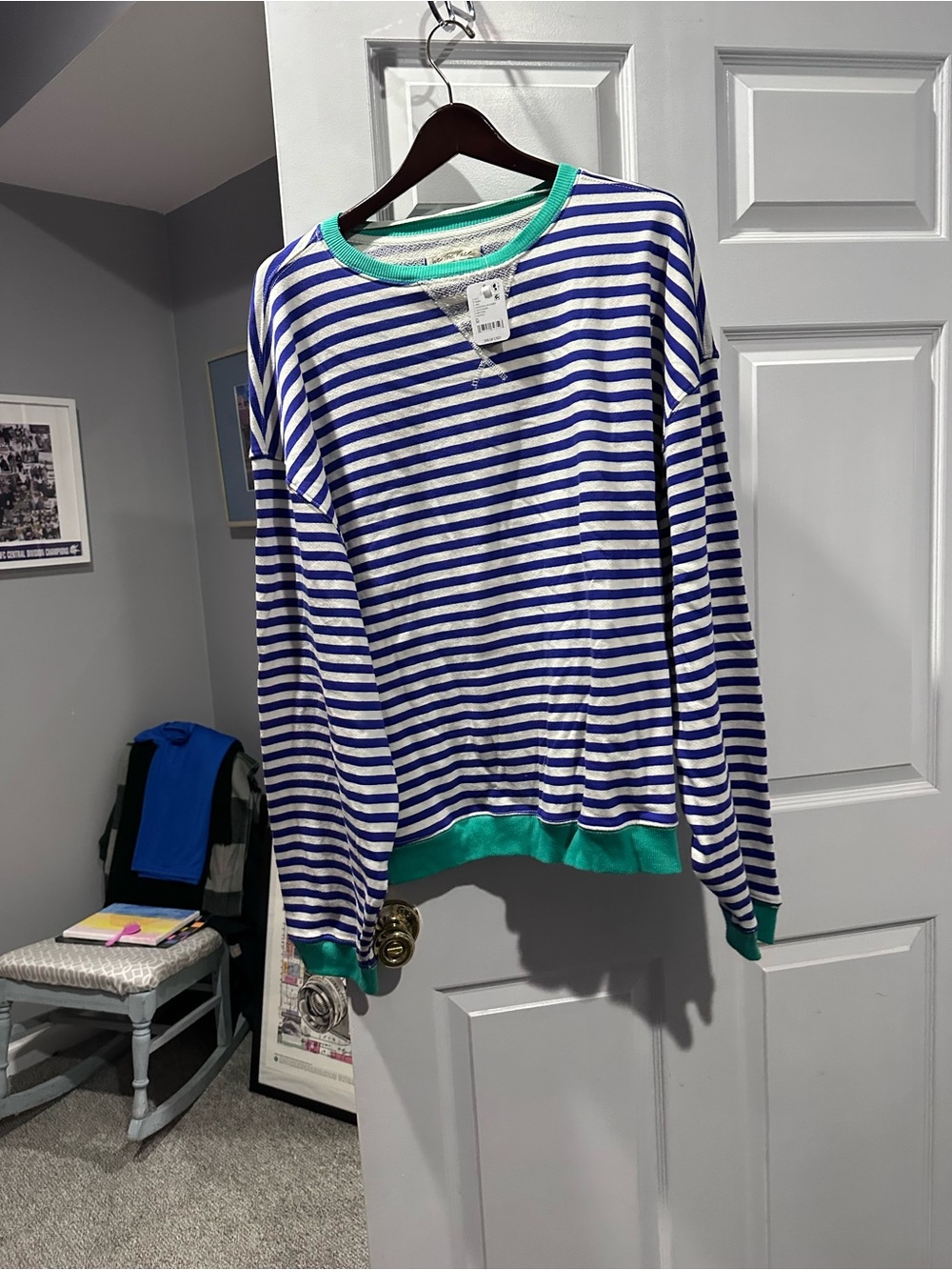 We The Free Blue & White Striped Pullover with Green Trim